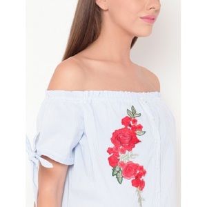 Blue and white striped off the shoulder mini dress